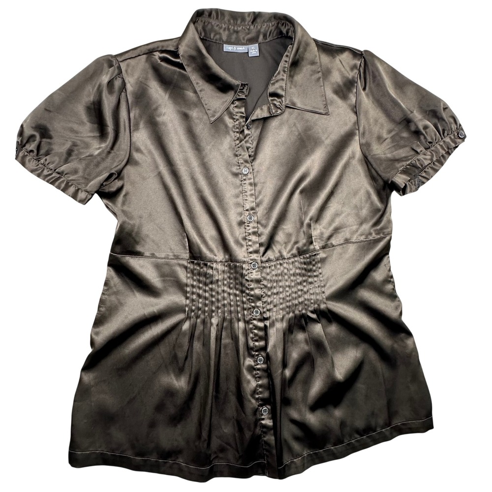 Y2k Goth Baby Doll Stretch Womens XL Brown Satin Short Sleeve Pintuck Button Top